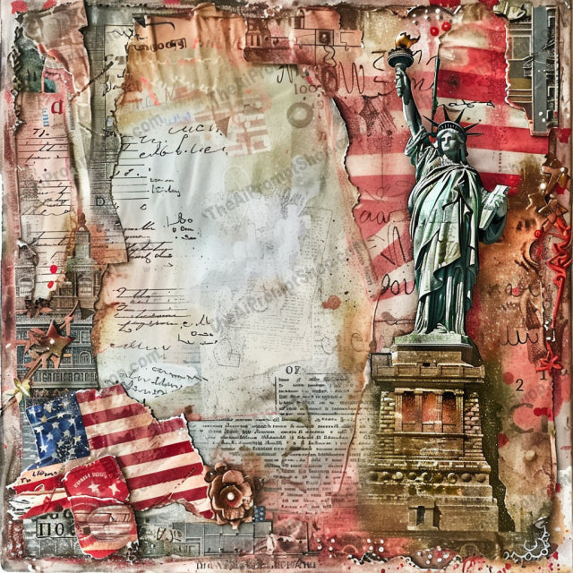 Vintage Patriotic Art AI MidJourney Image Prompt, 8236American flag, American symbols, art collage, blue, Golden Gate Bridge, grunge, heritage, history, Hollywood, landmarks, Lincoln Memorial, nostalgia, red, retromidjourney, rustic, scrapbook style, Statue of Liberty, US landmarks, vintage patriotic, white