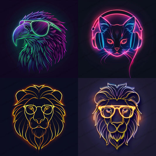 Neon Animal Art AI MidJourney Image Prompt, 9277 Animals, midjourney, neon, animal art, modern illustration, vibrant colors, contemporary, eagle, cat, lion, headphones, sunglasses, digital art, graphic design, wildlife, colorful, artwork, glowing, electric, feline, avian, glasses, neon lights, Midjourney, Ai, Ai Image Prompt, Image Prompt, Prompt