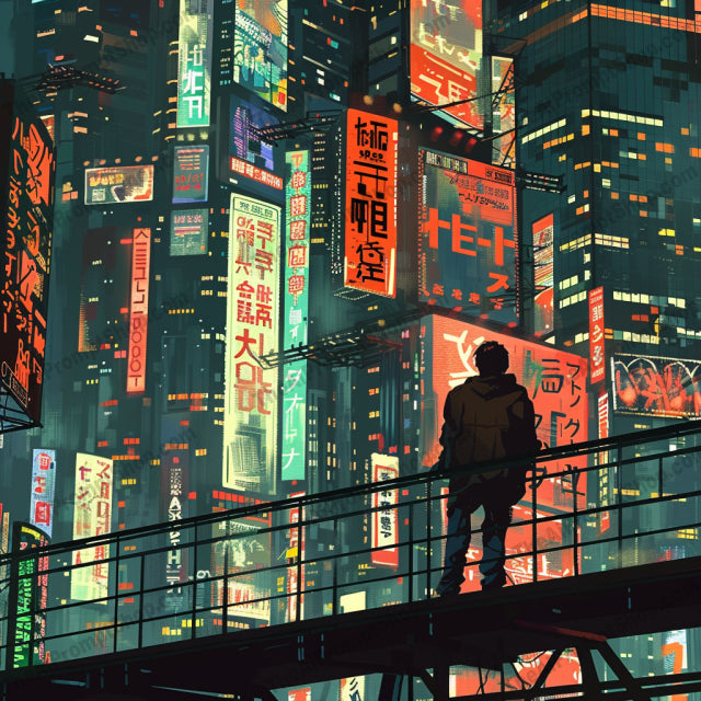 Neon Nightscapes Futuristic Cyberpunk AI MidJourney Image Prompt, 8082cityscape illustrations, cyberpunk city, dark urban scenes, edgy wall art, futuristic decor, midjourney, moody atmosphere, night city art, retro-futurism, sci-fi aesthetic, street art, tech-inspired decor, urban nightscapes