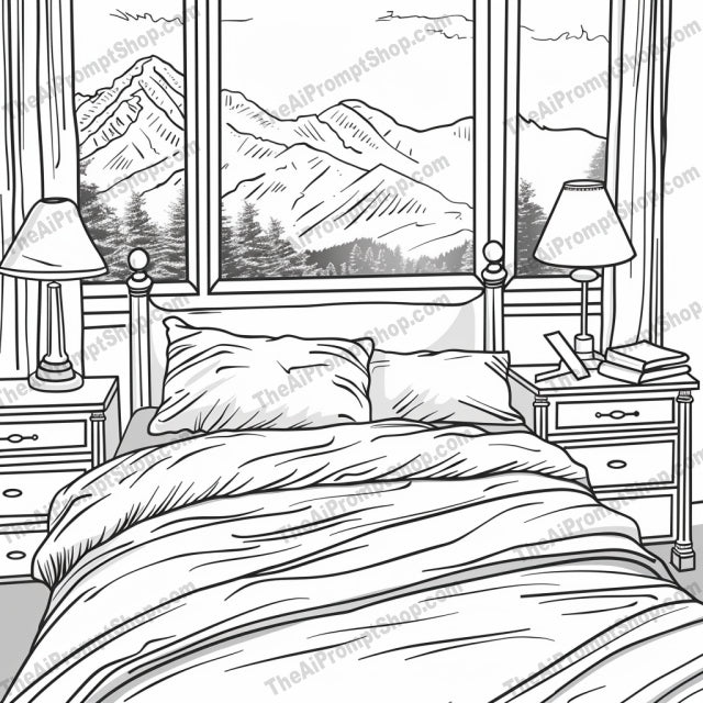 Cozy Interior Scenes AI MidJourney Image Prompt, 9382 Coloring Pages, midjourney, Cozy Interior, Artist Studio, Comfortable Bedroom, Modern Kitchen, Garden Patio, Black and White, Detailed Illustration, Intricate Design, Warm Atmosphere, Inviting, Home Decor, Interior Design, Stylish, Artistic, Creative Space, Relaxing, Peaceful, Serene, Charming, Elegant, Midjourney, Ai, Ai Image Prompt, Image Prompt, Prompt