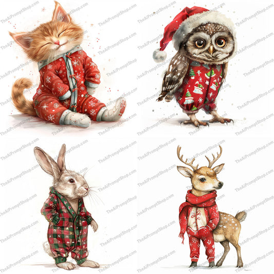 Cute Animals in Holiday Outfits AI MidJourney Image Prompt, 9068 Animals, midjourney, cute, animals, holiday outfits, festive, illustration, whimsical, adorable, holiday spirit, warm, cozy, character design, cats, bunnies, deer, Christmas, snow, winter, cartoon animals, festive wear, holiday, animal characters, Midjourney, Ai, Ai Image Prompt, Image Prompt, Prompt