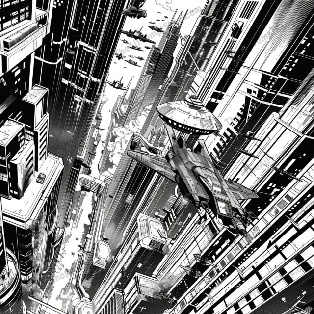 Black and White Comic Art AI MidJourney Image Prompt, 8816 Isometrics & Icons, midjourney, black and white, comic art, urban, cityscape, jungle, nature, street market, lanterns, buildings, skyscrapers, alleyways, architecture, illustration, graphic novel, artistic, detailed, contrast, monochrome, scene, environment, Midjourney, Ai, Ai Image Prompt, Image Prompt, Prompt