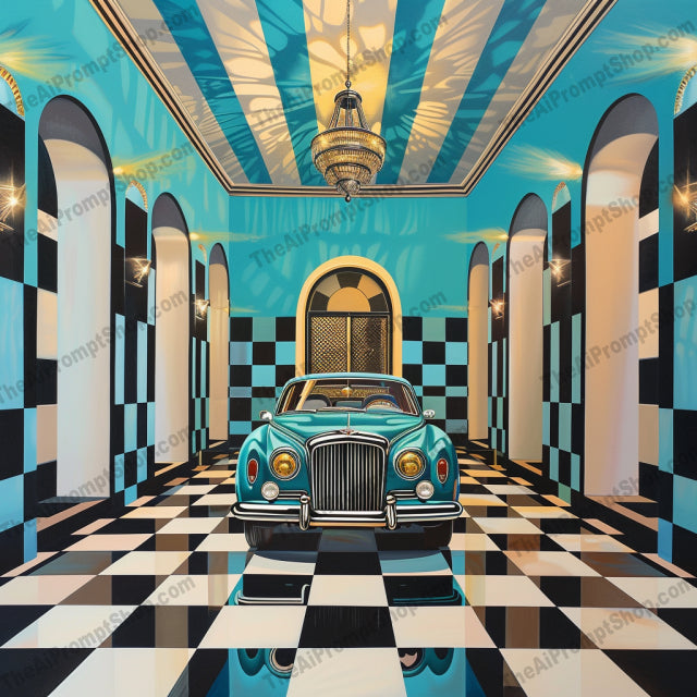 Classic Cars in Opulent Halls AI MidJourney Image Prompt, 9300 Mockups - Products, midjourney, classic cars, luxury cars, opulent halls, checkered floor, architectural design, vintage cars, classic automotive, vibrant colors, luxury design, architectural beauty, classic car art, visual fusion, car in hall, vintage luxury, classic design, opulent setting, car enthusiasts, automotive art, posh interiors, stylized imagery, Midjourney, Ai, Ai Image Prompt, Image Prompt, Prompt