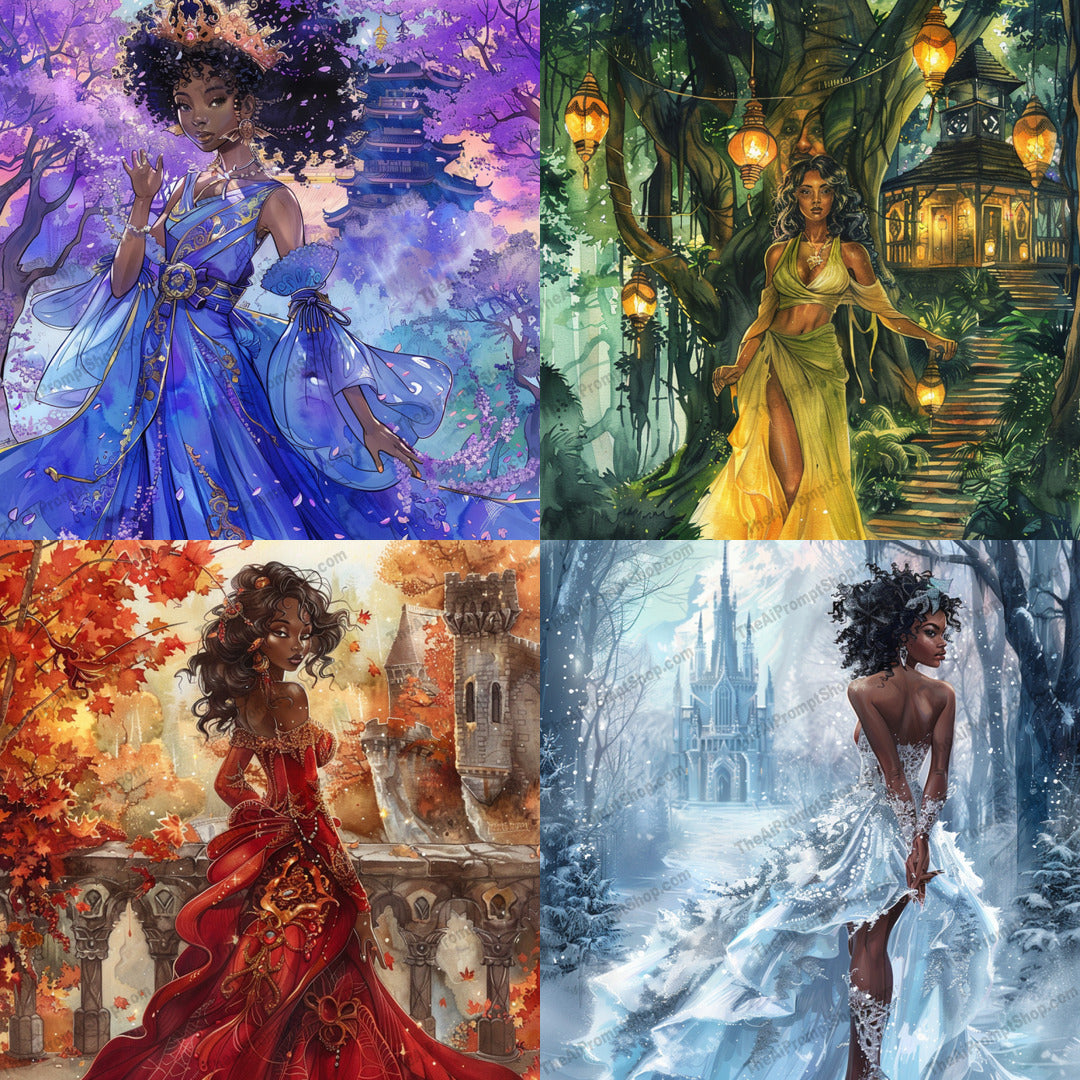 Fantasy Queens in Different Seasons AI MidJourney Image Prompt, 8956 Animation & Cartoons, midjourney, fantasy, queen, digital art, seasons, spring, summer, autumn, winter, regal, elegant, nature, magic, enchantment, art, illustration, colorful, beautiful, fashion, seasonal, royalty, Midjourney, Ai, Ai Image Prompt, Image Prompt, Prompt