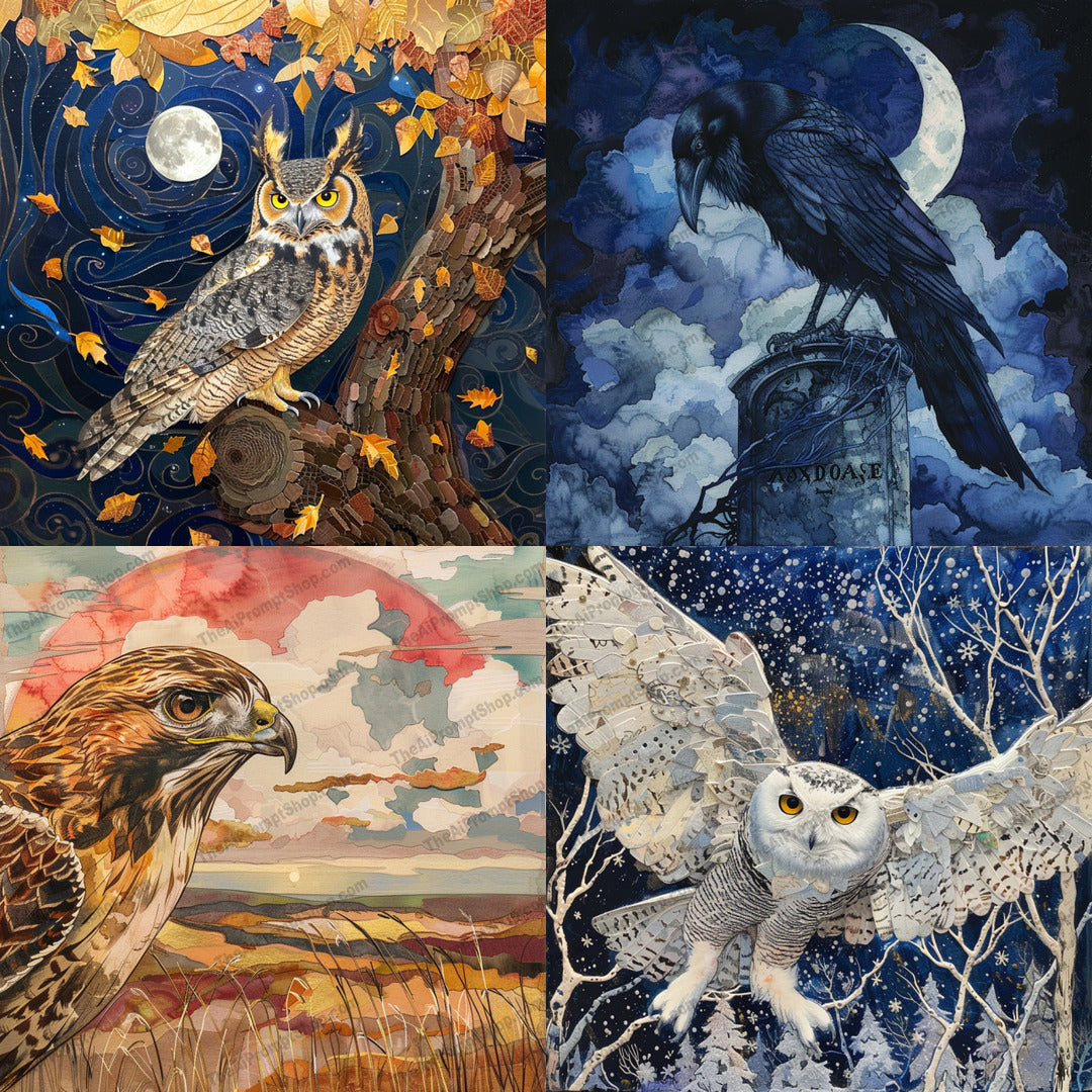 Majestic Birds of Prey AI MidJourney Image Prompt, 8984 Animals, midjourney, birds, prey, wildlife, nature, owls, hawk, raven, art, detailed, majestic, natural backdrops, intricate detailing, forest, sky, moon, autumn, winter, birdwatching, raptor, feathers, soaring, Midjourney, Ai, Ai Image Prompt, Image Prompt, Prompt