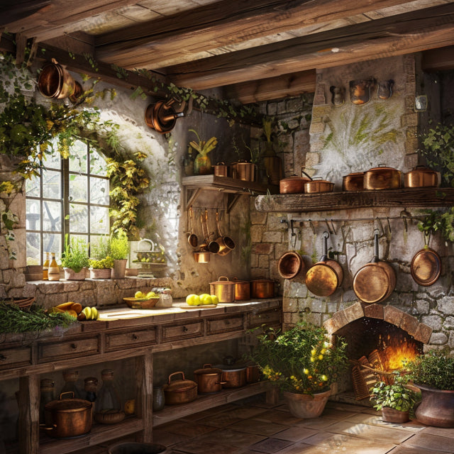 Rustic Mediterranean Kitchen AI MidJourney Image Prompt, 8658Ai, Ai Image Prompt, architecture, charming, countryside, cozy, culinary, decor, greenery, home, Image Prompt, interiors, inviting, kitchen, Landscapes & Paintings, Mediterranean, midjourney, old-fashioned, pottery, Prompt, quaint, rustic, tiled backsplash, vintage, warm, wooden beams