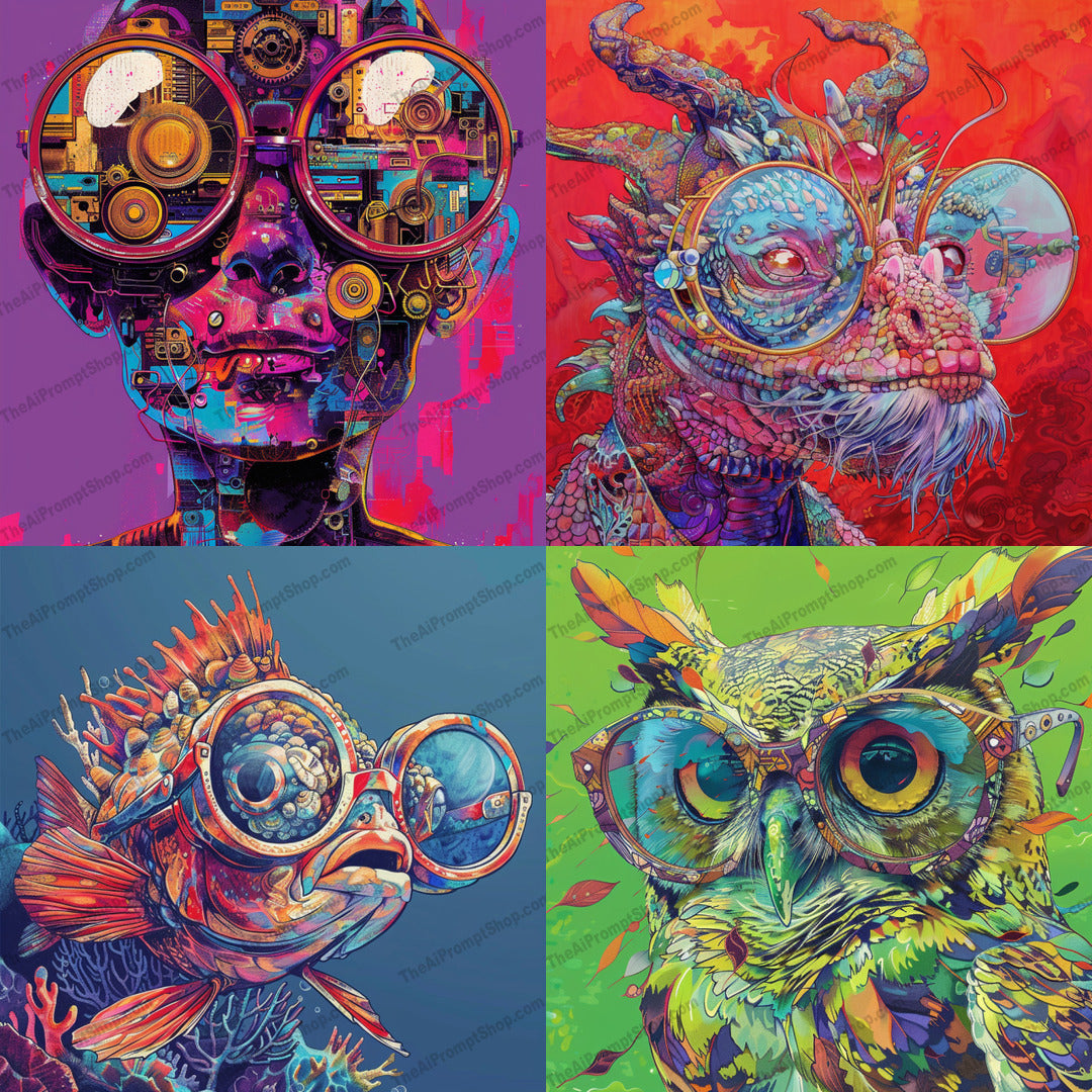 Colorful Futuristic Portrait with Large Glasses AI MidJourney Image Prompt, 9281 Futuristic, midjourney, futuristic, cyberpunk, portrait, vibrant, colorful, glasses, highly detailed, cyborg, creative, imaginative, unique, digital art, technology, sci-fi, exaggerated, artistic, modern, innovative, futuristic fashion, futuristic design, Midjourney, Ai, Ai Image Prompt, Image Prompt, Prompt