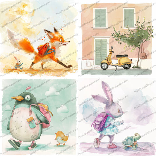 Whimsical Animal Adventures AI MidJourney Image Prompt, 9369 Storybook Illustrations, midjourney, whimsical, animal, adventures, illustration, charming, adorable, vibrant, playful, storybook, child-friendly, fox, penguin, rabbit, turtle, scooter, cute animals, imaginative, colorful, narrative, fantasy, art, Midjourney, Ai, Ai Image Prompt, Image Prompt, Prompt