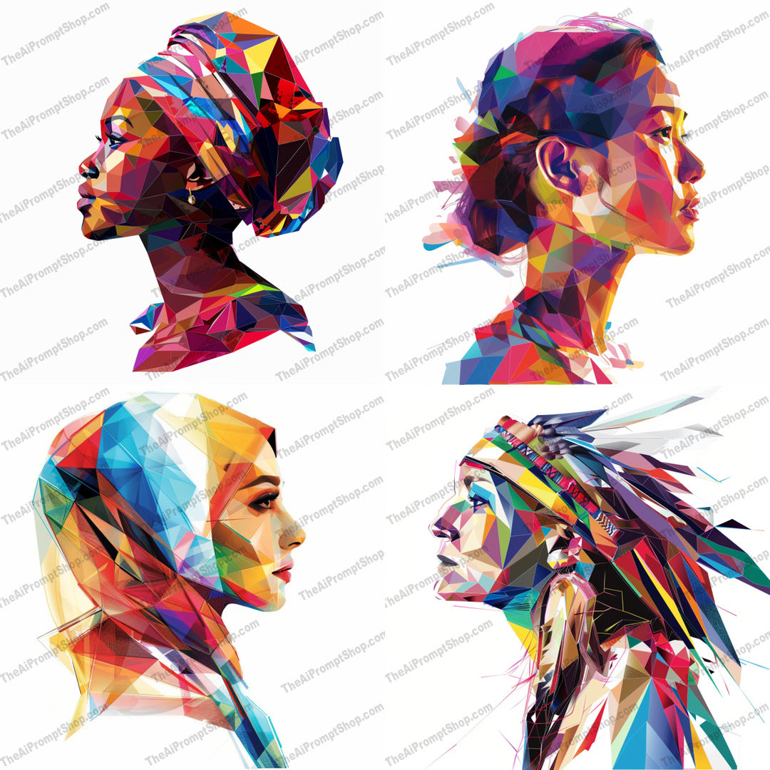 Vibrant Geometric Portrait AI MidJourney Image Prompt, 8807 Character Art, midjourney, vibrant, geometric, portrait, colorful, polygonal, artwork, modern, contemporary, visual, polygon, dynamic, striking, contrast, timeless, vivid, design, style, creative, abstract, composition, Midjourney, Ai, Ai Image Prompt, Image Prompt, Prompt