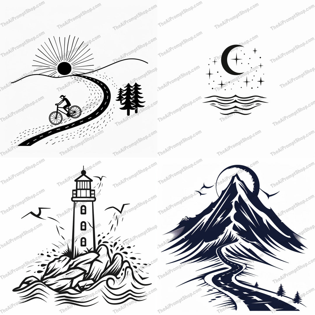 Minimalistic Nature Illustrations AI MidJourney Image Prompt, 8997 Landscapes & Paintings, midjourney, minimalistic, nature, illustration, cyclist, sunrise, country road, crescent moon, night scene, waves, lighthouse, rocky shore, birds, mountain, river, moonlit sky, serene, clean design, modern art, line art, simple lines, Midjourney, Ai, Ai Image Prompt, Image Prompt, Prompt