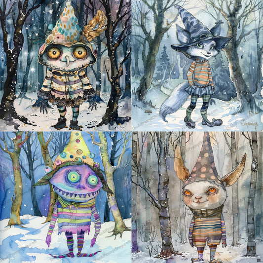 Whimsical Winter Creatures AI MidJourney Image Prompt, 9654 Storybook Illustrations, midjourney, whimsical, winter, creatures, illustration, colorful, forest, snow, adorable, playful, magical, fantasy, cute, artwork, characters, cartoonish, winter fashion, stripes, hats, scarves, enchanted, Midjourney, Ai, Ai Image Prompt, Image Prompt, Prompt