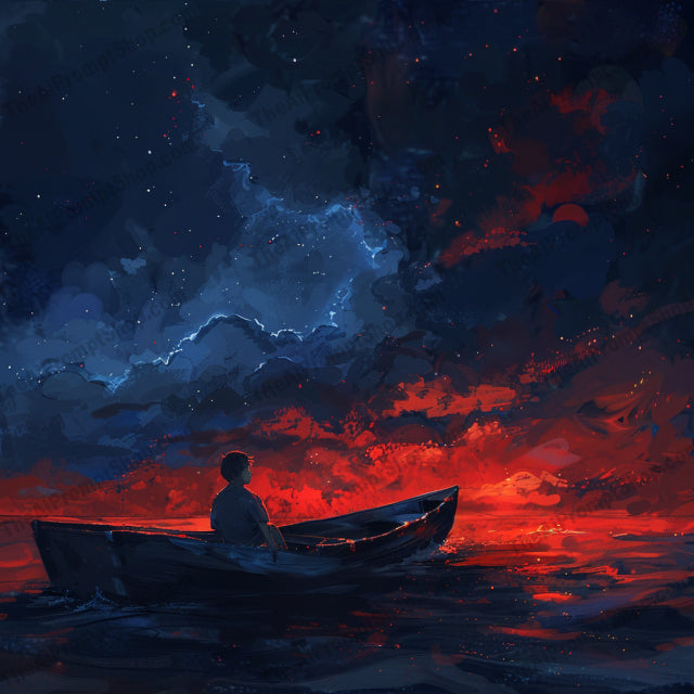 AI MidJourney Image Prompt, Twilight Hues and Nighttime Moods, 4959chat gpt, chat gpt prompts, chatgpt, chatgpt prompts, Contemplative nightfall, Dusk on the horizon, Evening introspection, midjourney, Midnight dreamscape, Nocturnal calm, Serene canoe reflections, Solitary escape, Starlit serenity, Storybook Illustrations, Twilight tranquility