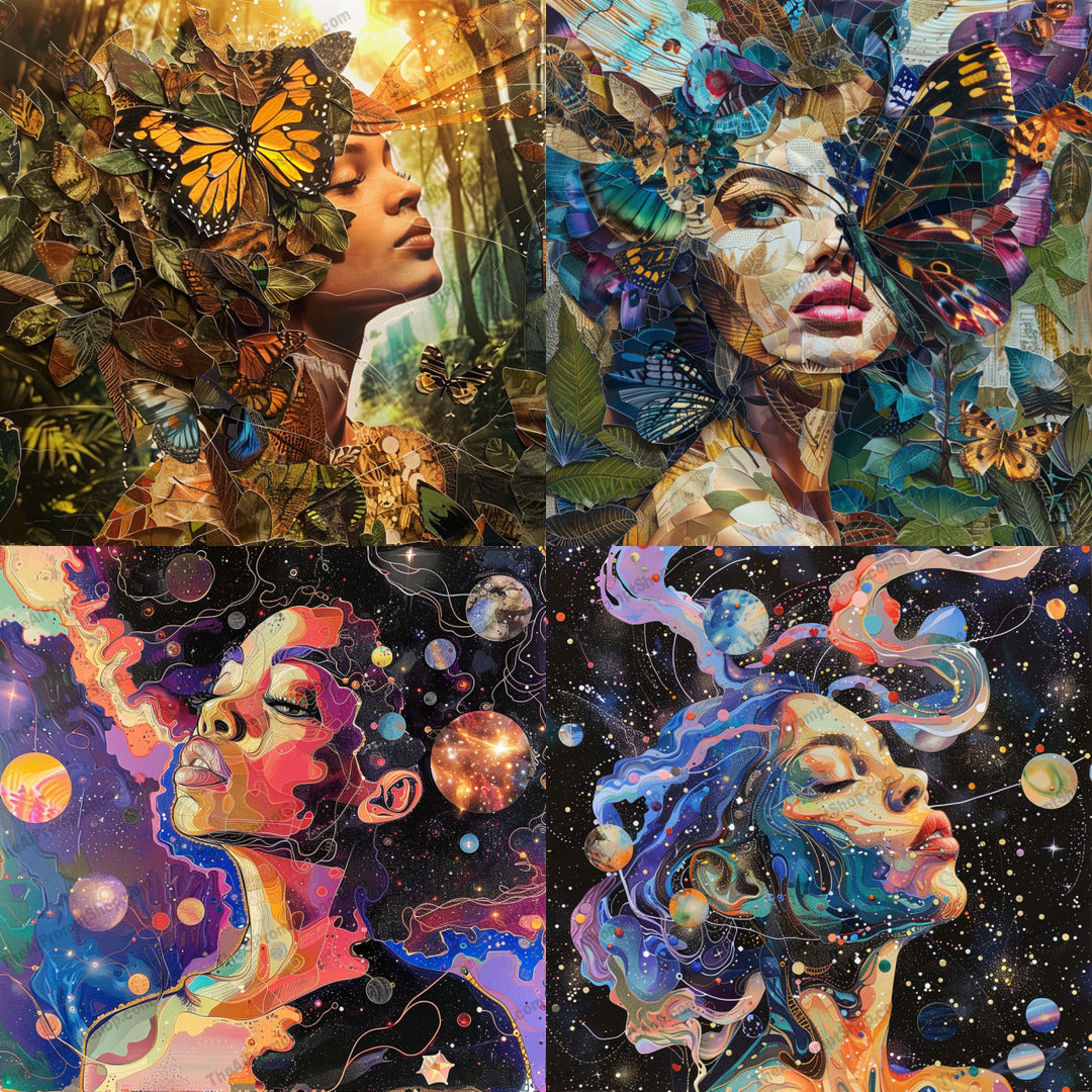 Cosmic Nature Collage AI MidJourney Image Prompt, 8784 Animals, midjourney, cosmic, nature, butterflies, foliage, galactic, surreal, dreamlike, ethereal, women, art, collage, fantasy, mystical, abstract, visual art, colorful, imaginative, creative, intertwined, patterns, Midjourney, Ai, Ai Image Prompt, Image Prompt, Prompt