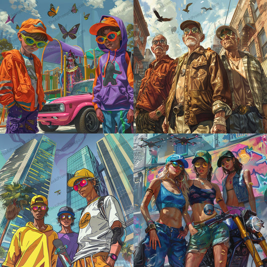 Stylish Urban Art Characters AI MidJourney Image Prompt, 9515 Character Art, midjourney, urban, stylish, characters, vibrant, bold colors, dynamic, detailed backgrounds, urban atmosphere, street fashion, trendy, modern, youth culture, city life, art illustration, cool outfits, street style, colorful, casual wear, scenic urban, hip hop, Midjourney, Ai, Ai Image Prompt, Image Prompt, Prompt