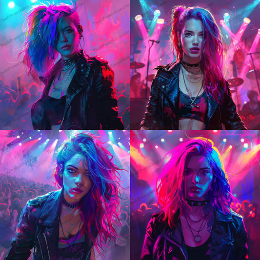 Rock Concert Fashion AI MidJourney Image Prompt, 9287 Portraits & People, midjourney, rock, concert, fashion, neon, lights, leather, jacket, rebellious, edgy, music, vibrant, stage, crowd, dynamic, energy, intense, punk, style, live, performance, Midjourney, Ai, Ai Image Prompt, Image Prompt, Prompt