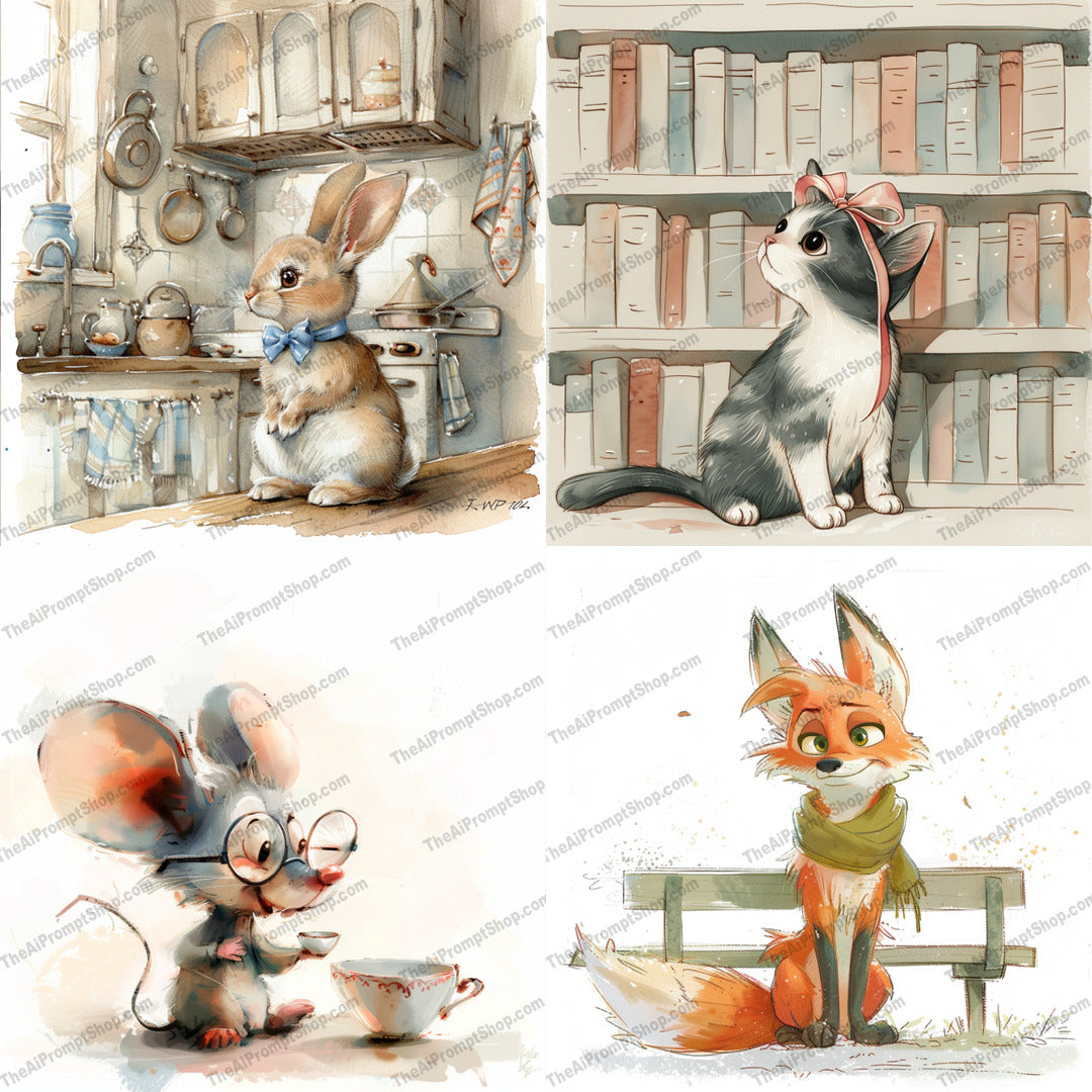 Charming Woodland Creatures AI MidJourney Image Prompt, 9040 Animals, midjourney, woodland, animals, cute, illustration, whimsical, art, rabbit, mouse, cat, fox, storybook, charming, soft colors, detailed, enchanting, woodland creatures, magical, warm colors, children's art, fantasy, Midjourney, Ai, Ai Image Prompt, Image Prompt, Prompt