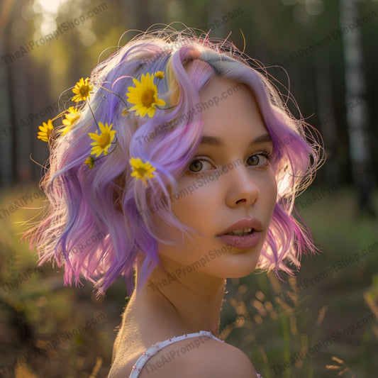 Vibrant Hair Colors in Sunlit Forest AI MidJourney Image Prompt, 9362 Portraits & People, midjourney, vibrant hair, colorful hair, pastel hair, sunlit forest, soft curls, nature background, bright colors, pastel shades, vivid hair, sun-kissed hair, nature setting, intricate hair, playful hair, soft lighting, hair art, forest glow, color blend, pastel beauty, rainbow hair, nature inspired, Midjourney, Ai, Ai Image Prompt, Image Prompt, Prompt