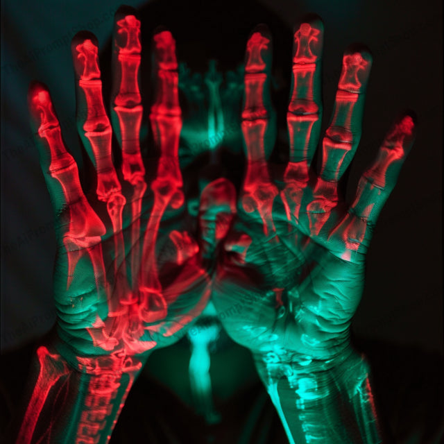 X-ray Style Glowing Hands AI MidJourney Image Prompt, 9412 Scary & Horror, midjourney, X-ray, X-ray hands, glowing hands, futuristic art, colorful hands, neon, skeleton art, radiant hands, illuminated bones, vivid colors, sci-fi, high-tech art, anatomy illustration, medical imagery, neon glow, digital art, modern art, sci-fi aesthetics, visual effects, abstract hands, Midjourney, Ai, Ai Image Prompt, Image Prompt, Prompt