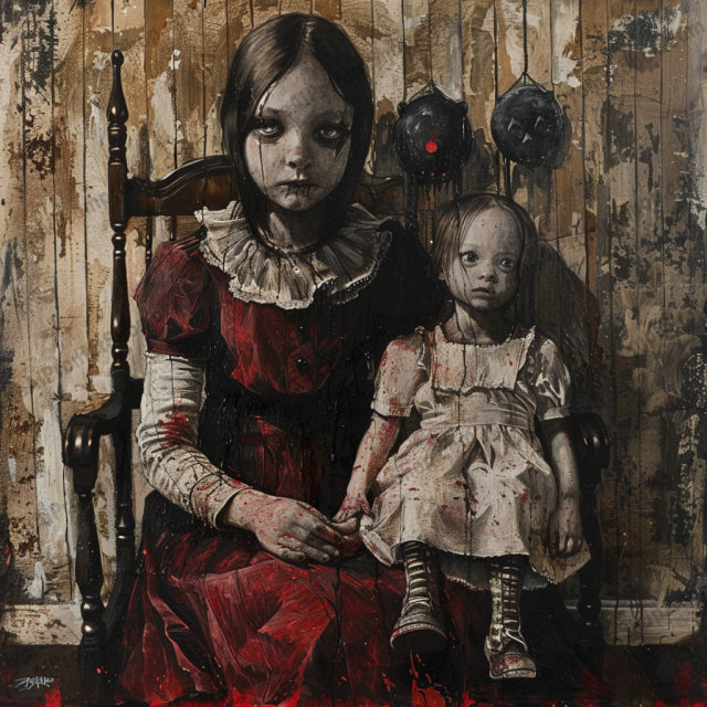 AI MidJourney Image Prompt, Gothic Assembly, 4867Abandoned innocence, chat gpt, chat gpt prompts, chatgpt, chatgpt prompts, Creepy doll motif, Creepy mannequins, Dark portraits, Disturbing figures, Eerie group, Ghostly visages, Gothic attire, Haunted expressions, Haunting childhood, Macabre gathering, midjourney, Mysterious assembly, Red monochrome, Scary, Sinister playtime, Victorian horror, Vintage terror