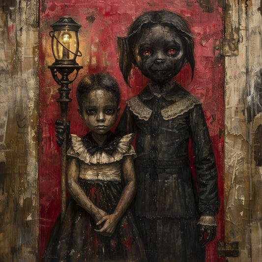 AI MidJourney Image Prompt, Gothic Assembly, 4867Abandoned innocence, chat gpt, chat gpt prompts, chatgpt, chatgpt prompts, Creepy doll motif, Creepy mannequins, Dark portraits, Disturbing figures, Eerie group, Ghostly visages, Gothic attire, Haunted expressions, Haunting childhood, Macabre gathering, midjourney, Mysterious assembly, Red monochrome, Scary, Sinister playtime, Victorian horror, Vintage terror