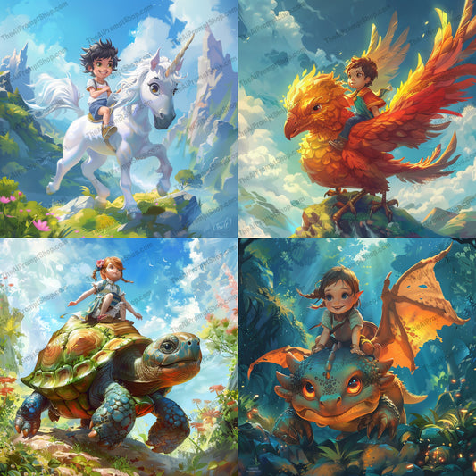 Magical Creatures with Children AI MidJourney Image Prompt, 9044 Animals, midjourney, magical, creatures, children, fantasy, unicorn, phoenix, tortoise, dragon, whimsical, adventure, wonder, illustration, vibrant, fantastical, interaction, nature, mythical, animals, imaginative, playful, Midjourney, Ai, Ai Image Prompt, Image Prompt, Prompt