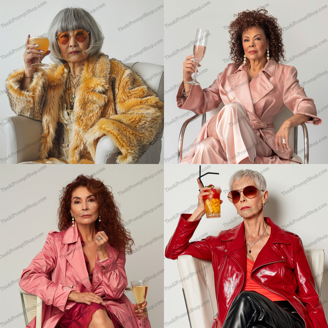 Stylish Glam AI MidJourney Image Prompt, 8758 Animals, midjourney, fashion, luxury, style, sophistication, classy, glamour, elegance, faux fur coat, leather jacket, champagne, cocktail, opulent, designer clothing, high-end fashion, trendy, stylish, chic, modern, posh, fabulous, Midjourney, Ai, Ai Image Prompt, Image Prompt, Prompt