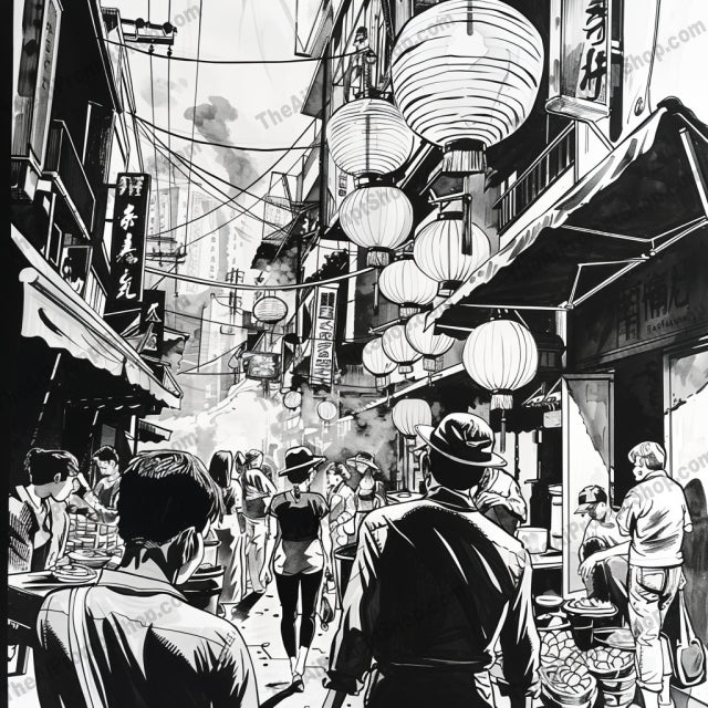 Black and White Comic Art AI MidJourney Image Prompt, 8816 Isometrics & Icons, midjourney, black and white, comic art, urban, cityscape, jungle, nature, street market, lanterns, buildings, skyscrapers, alleyways, architecture, illustration, graphic novel, artistic, detailed, contrast, monochrome, scene, environment, Midjourney, Ai, Ai Image Prompt, Image Prompt, Prompt
