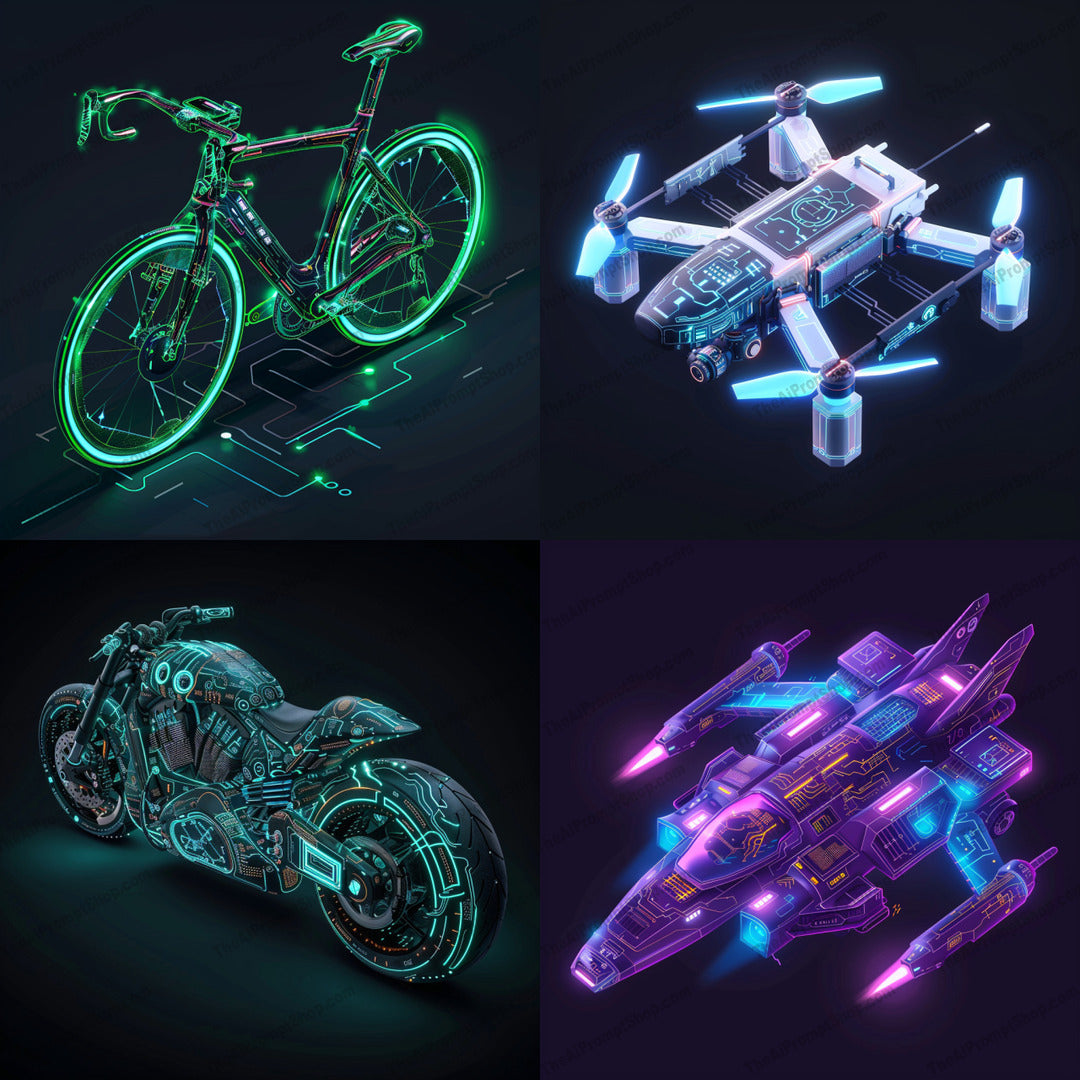 Futuristic Neon Vehicles AI MidJourney Image Prompt, 9538 Futuristic, midjourney, futuristic, neon, vehicles, bicycle, drone, motorcycle, spaceship, cyberpunk, high-tech, glowing, digital art, transportation, advanced, neon colors, vibrant, dark background, otherworldly, technology, sci-fi, modern, Midjourney, Ai, Ai Image Prompt, Image Prompt, Prompt