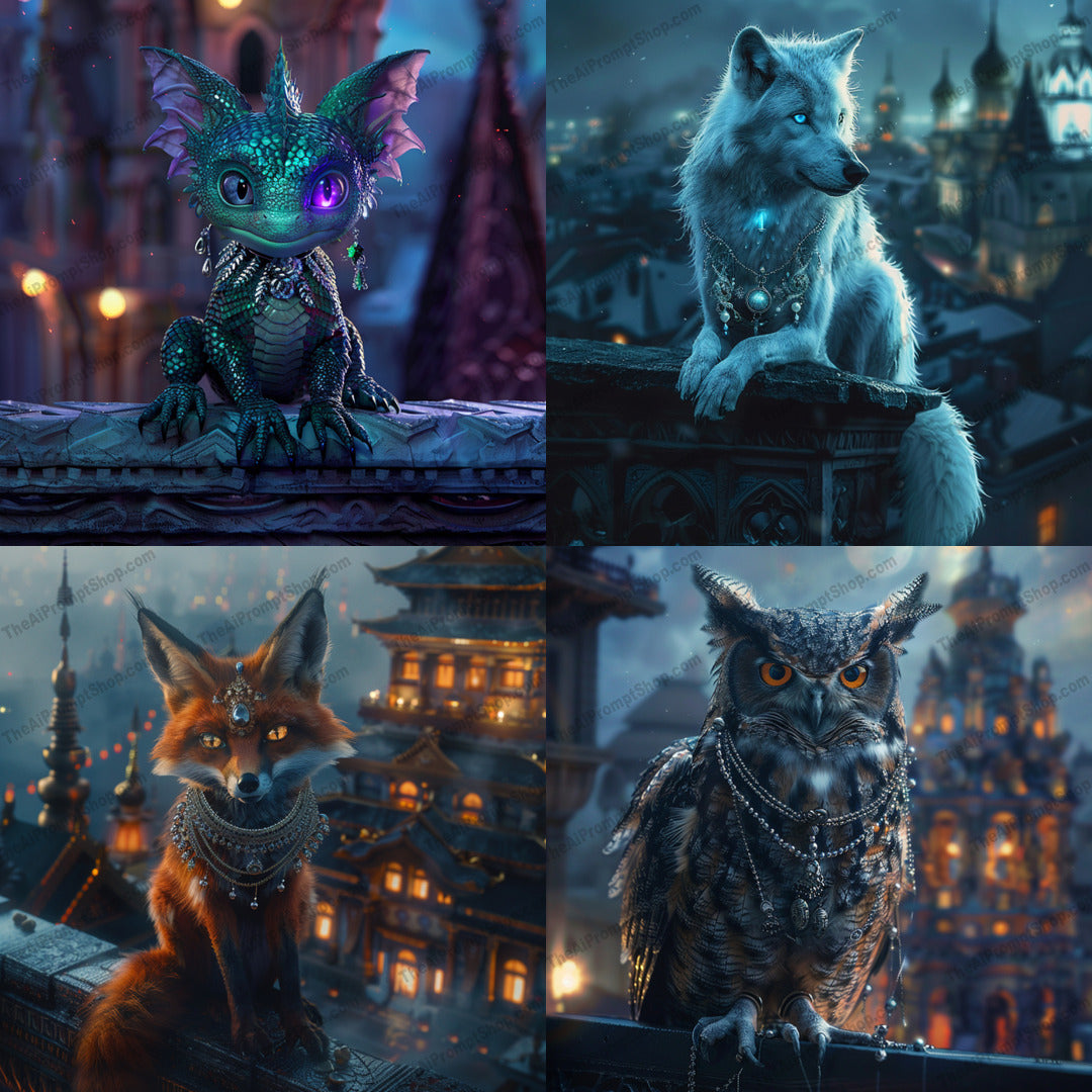 Mystical Animals in Ornate Settings AI MidJourney Image Prompt, 8753 Animals, midjourney, mystical, animals, fantasy, luxurious, detailed, opulent, grand, enchanted, dragon, wolf, fox, owl, mystical creatures, ornate, magical, whimsical, fanciful, mystery, mythical, ethereal, dreamlike, Midjourney, Ai, Ai Image Prompt, Image Prompt, Prompt