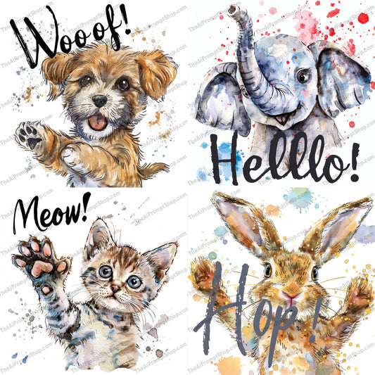 Watercolor Animals with Words AI MidJourney Image Prompt, 9296 Animals, midjourney, watercolor, animals, puppy, kitten, elephant, bunny, whimsical, colorful, cute, playful, children, art, decor, painting, illustration, adorable, phrase, word art, fun, cheerful, Midjourney, Ai, Ai Image Prompt, Image Prompt, Prompt
