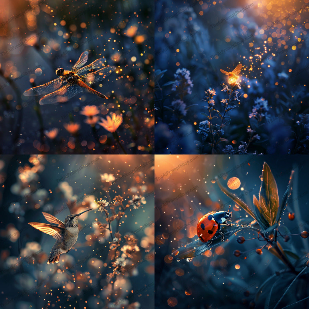 Magical Night Insect AI MidJourney Image Prompt, 8938 Animals, midjourney, magical, night, insect, dragonfly, firefly, hummingbird, ladybug, digital art, glow, ethereal, dreamy, background, sparkling lights, foliage, vibrant colors, enchanting, serene, atmosphere, wildlife, nature, Midjourney, Ai, Ai Image Prompt, Image Prompt, Prompt
