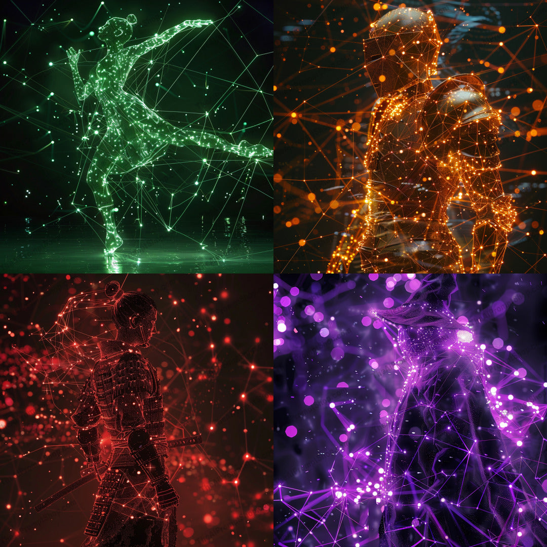 Futuristic Digital Silhouettes AI MidJourney Image Prompt, 9560 Futuristic, midjourney, futuristic, digital art, silhouettes, glowing, nodes, interconnected, abstract, modern, character design, ethereal, high-tech, neon, holographic, light effects, 3D art, visual art, tech aesthetic, glitch art, innovative design, cyber, Midjourney, Ai, Ai Image Prompt, Image Prompt, Prompt