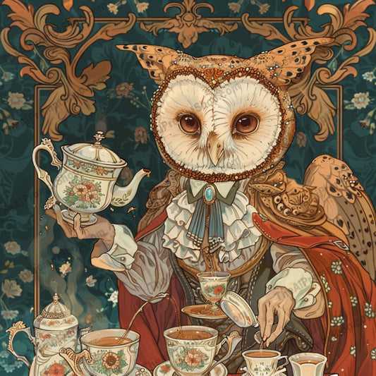 Elegant Anthropomorphic Tea Party AI MidJourney Image Prompt, 8441Ai, Ai Image Prompt, animal figures, Animals, anthropomorphic, artistic, charming, decorative, detailed art, elegant, enchanting, exquisite, fantasy style, Image Prompt, intricate, midjourney, Prompt, refined, rich colors, sophisticated, stylized animals, tea party, themed party, traditional attire, visual experience, whimsical