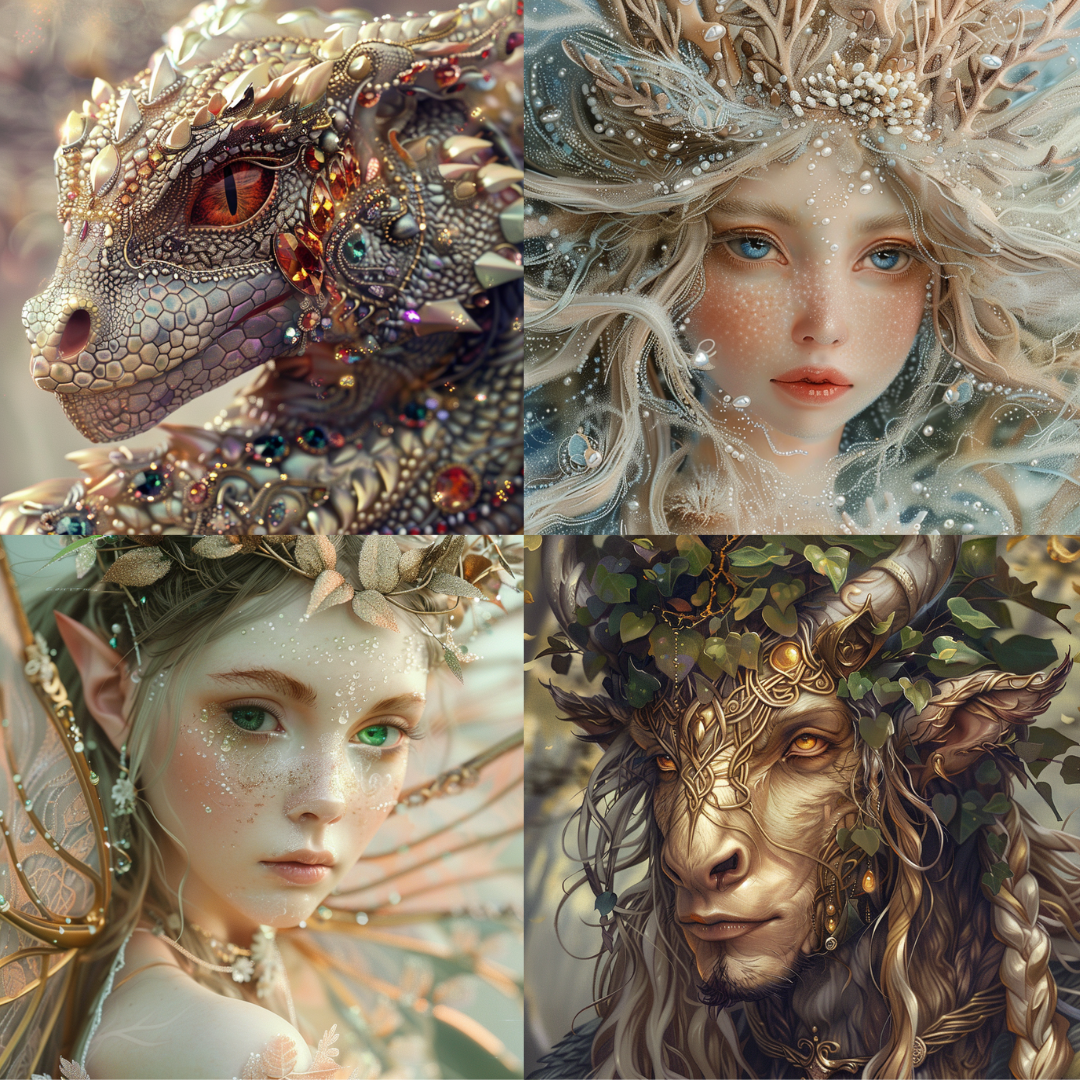 Mystical Fantasy Beings AI MidJourney Image Prompt, 8035AI image prompts, artistic exploration, creative inspiration, creative prompts, detailed illustrations, enchanted characters, enchanting visuals, ethereal fairies, fantasy character design, fantasy storytelling, forest deity, imaginative art, intricate details, majestic dragon, midjourney, mythical art, otherworldly art, surreal designs