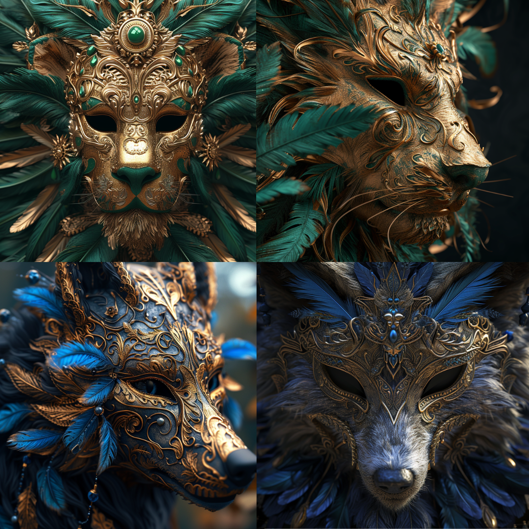 Regal Masquerade in Feathers and Gold AI MidJourney Image Prompt, Character Art, 4180Animalistic features, Artisan craftsmanship, Baroque artistry, Ceremonial wear, chat gpt, chat gpt prompts, chatgpt, chatgpt prompts, Decorative plumes, Elaborate disguise, Enigmatic expressions, Feathered elegance, Gold filigree, Jewel-encrusted, Luxurious textures, Majestic adornment, midjourney, Ornate masks, Royal masquerade, Venetian style