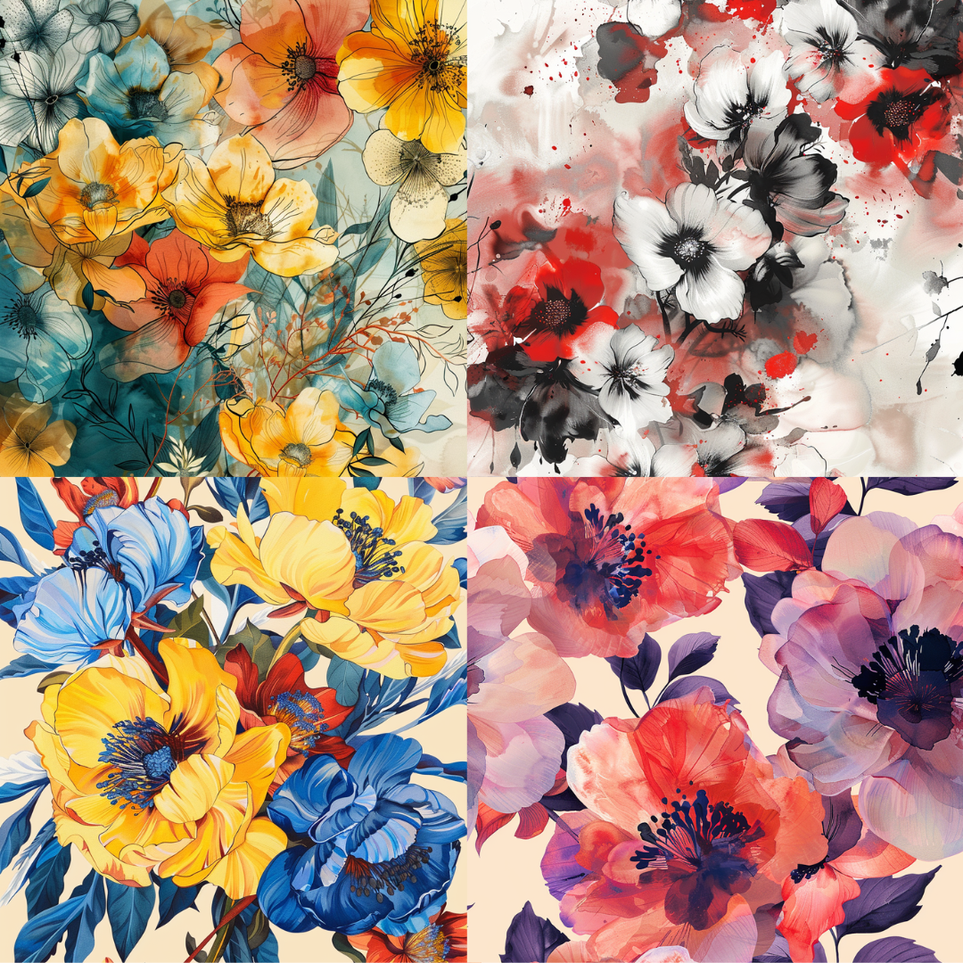 Chromatic blossoms illustration in a watercolor style created from an AI image prompt.