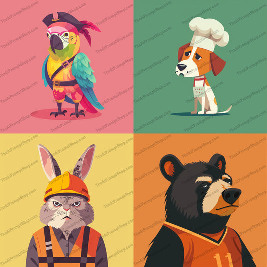 Animal Characters in Uniforms AI MidJourney Image Prompt, 9432 Animals, midjourney, animal illustration, character art, animal characters, parrot pirate, dog chef, rabbit construction worker, bear basketball player, cartoon animals, cute animals, funny animals, animals in uniform, whimsical illustration, animal portraits, digital art, animal costumes, character design, illustrated animals, colorful animals, cartoon illustration, animal outfit, Midjourney, Ai, Ai Image Prompt, Image Prompt, Prompt