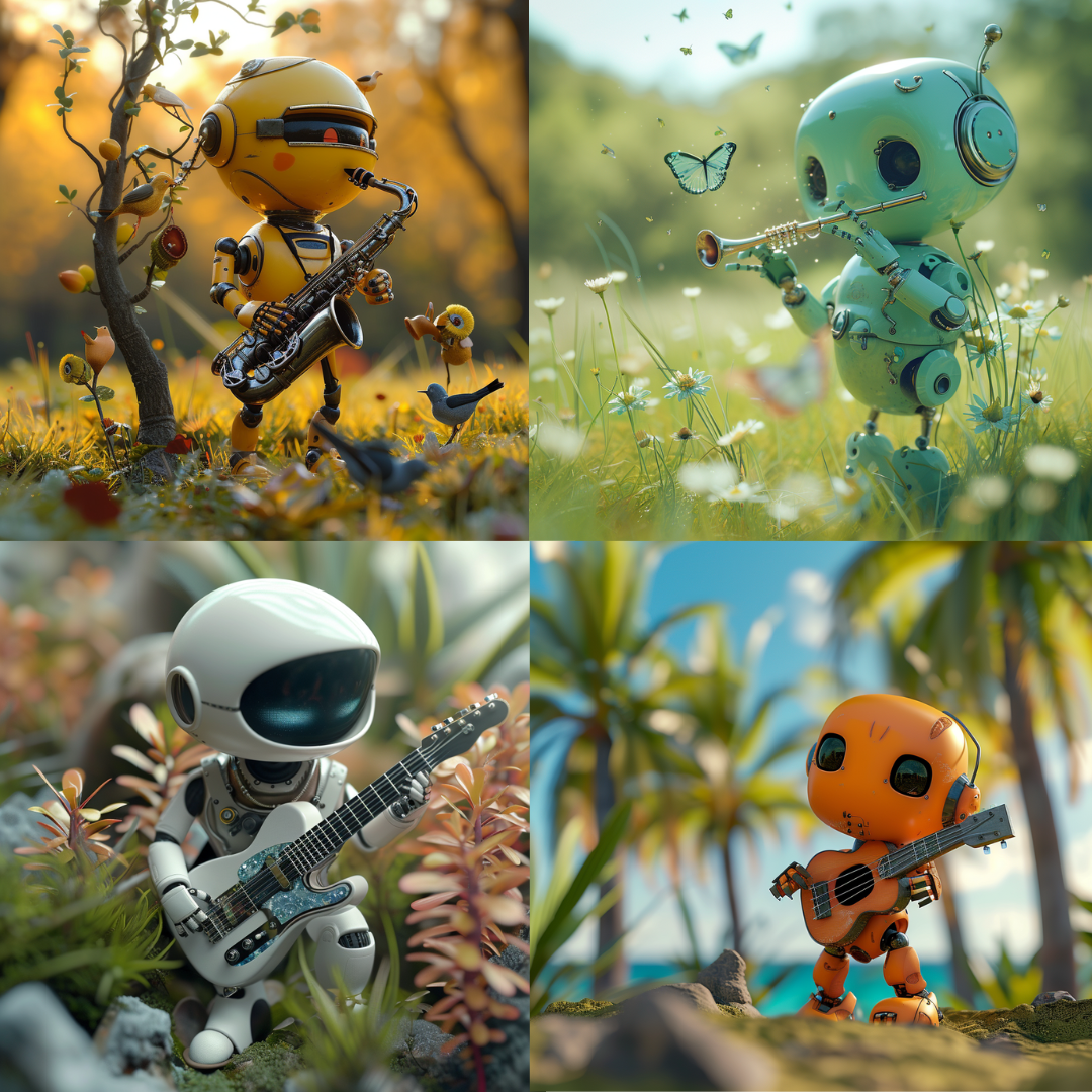 Melodic Botanical Symphony AI MidJourney Image Prompt, Character Art, 4174Animated androids, Botanical backdrop, chat gpt, chat gpt prompts, chatgpt, chatgpt prompts, Digital art, Futuristic pastoral, Harmonious settings, Idyllic scenes, Instrument-playing robots, Lush vegetation, midjourney, Musical serenity, Nature-infused robotics, Peaceful melodies, Robotic musicians, Serene landscapes, Technological and natural fusion, Whimsical bots