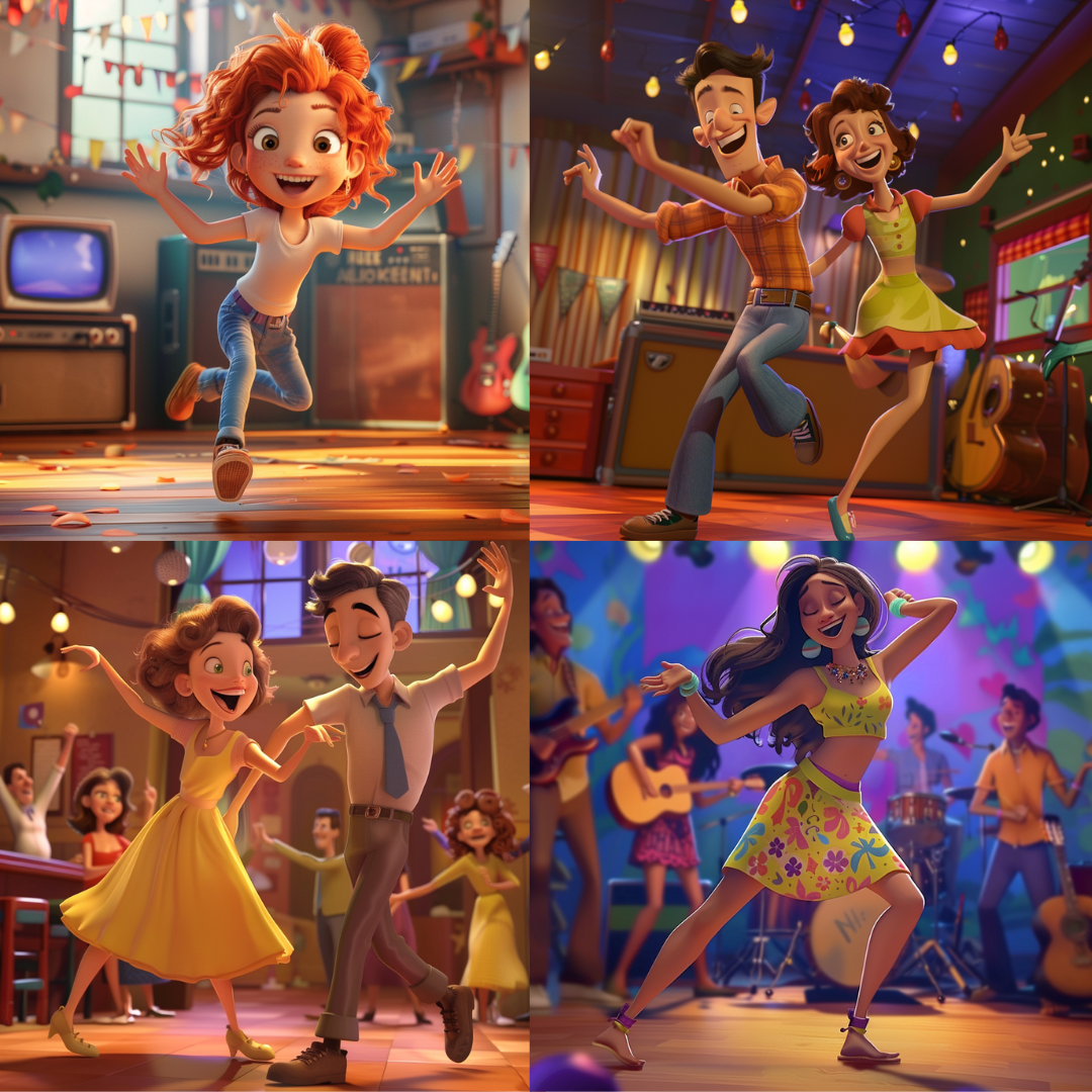 Joyful jives and jigs illustration in a cartoon style created from an AI image prompt.