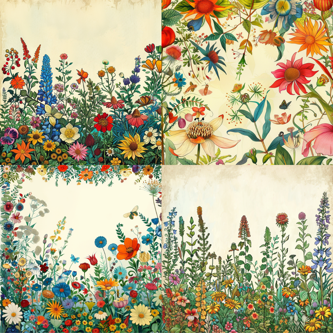 Botanical corners: a floral frame series illustration in a colorful style created from an AI image prompt.