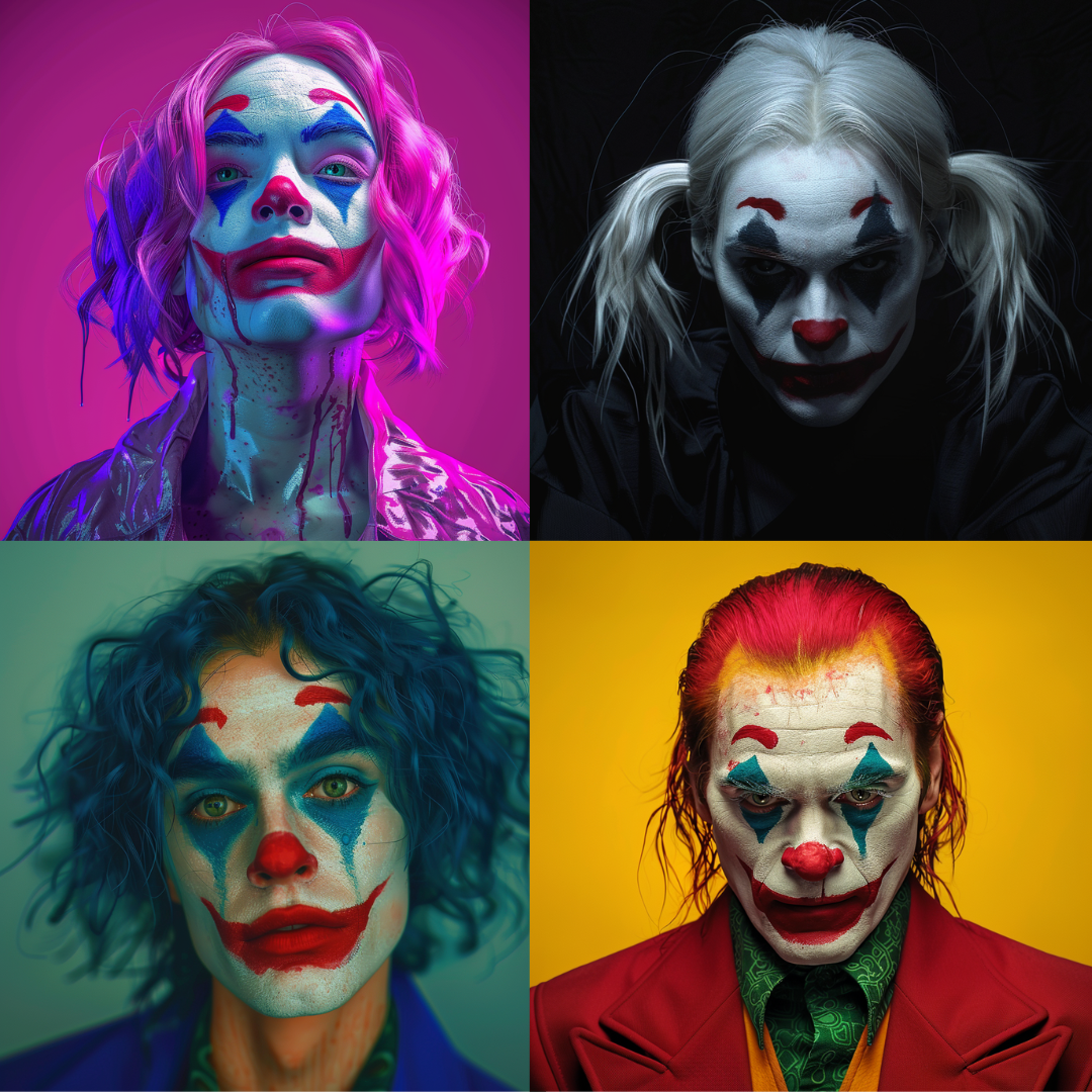 Vivid clown personas illustration in a cinematic style created from an AI image prompt.