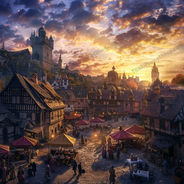 Medieval European Village at Sunset AI MidJourney Image Prompt, 9002 Landscapes & Paintings, midjourney, medieval, village, sunset, European, architecture, illustration, dramatic lighting, serene, historical, detailed, beautiful, vibrant colors, textures, ancient, buildings, marketplace, castle, scenic, picturesque, art, Midjourney, Ai, Ai Image Prompt, Image Prompt, Prompt