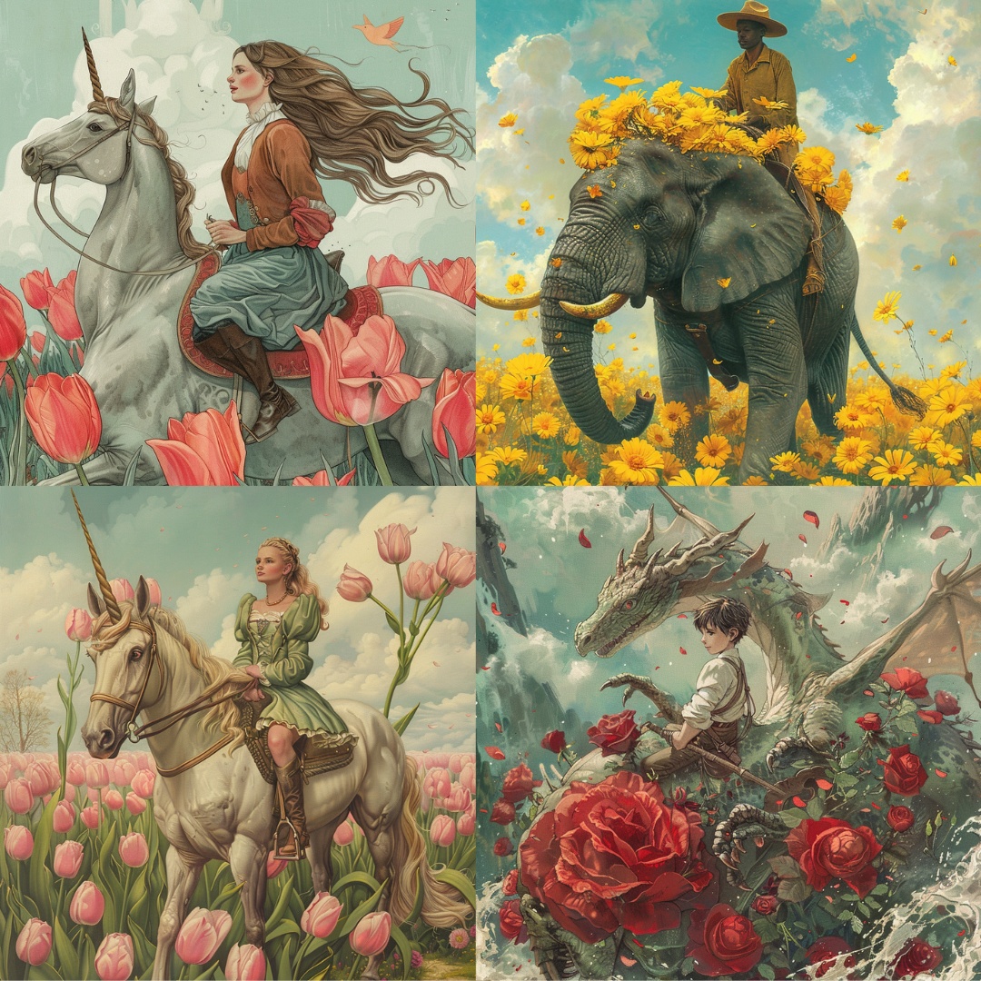 AI MidJourney Image Prompt, Ethereal Beasts and Blooms, 4936chat gpt, chat gpt prompts, chatgpt, chatgpt prompts, Dreamlike nature, Fantasy flora and fauna, Floral enchantment, Garden of wonders, Legendary animals, Majestic creatures, midjourney, Mythical elegance, Serene beauty, Storybook Illustrations, Tulip fields, Whimsical riders