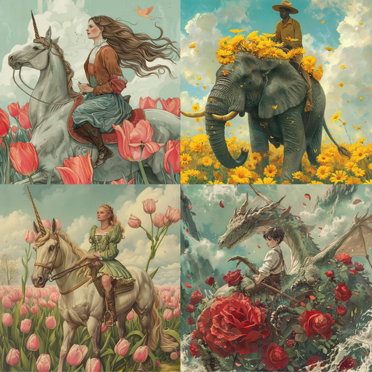 AI MidJourney Image Prompt, Ethereal Beasts and Blooms, 4936chat gpt, chat gpt prompts, chatgpt, chatgpt prompts, Dreamlike nature, Fantasy flora and fauna, Floral enchantment, Garden of wonders, Legendary animals, Majestic creatures, midjourney, Mythical elegance, Serene beauty, Storybook Illustrations, Tulip fields, Whimsical riders