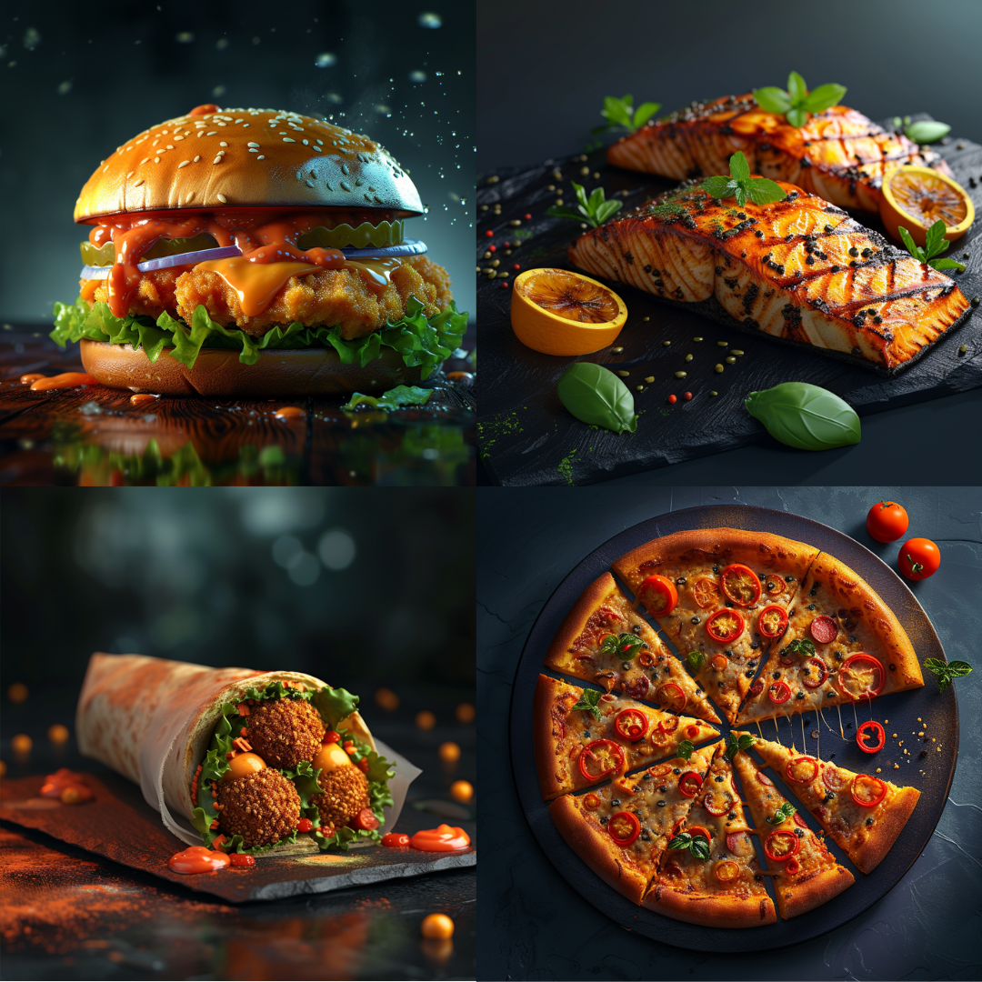 Culinary Vibrance AI MidJourney Image Prompt, Food, 4285chat gpt, chat gpt prompts, chatgpt, chatgpt prompts, Dynamic culinary contrast, Flavorful brightness, Glistening details, Glossy finish art, Hearty meal glow, Illuminated gastronomy, Juicy highlights, Luminous accents, midjourney, Radiant foodscapes, Reflective culinary art, Saturation spectacle, Sizzling visual appeal, Sumptuous feast visuals, Vivid texture showcase, Zesty color pop
