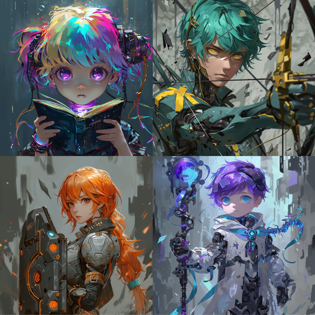 Neon Genesis Characters AI MidJourney Image Prompt, Character Art, 4237Advanced weaponry, Anime, chat gpt, chat gpt prompts, chatgpt, chatgpt prompts, Colorful aesthetics, Concept art, Cybernetic anime, Cyberpunk, Digital art, Electronic accessories, Fantasy illustrations, Futuristic warriors, Glowing effects, Luminous details, Manga style, midjourney, Neon colors, Neon glow, Sci-fi characters, Science fiction, Technicolor hair, Vibrant characters, Youthful androids