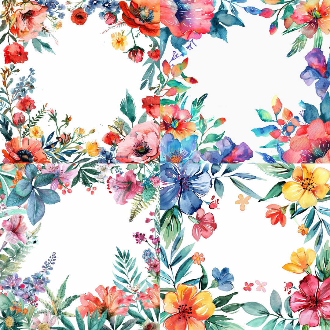 Floral watercolor wreath collection illustration in a colorful style created from an AI image prompt.