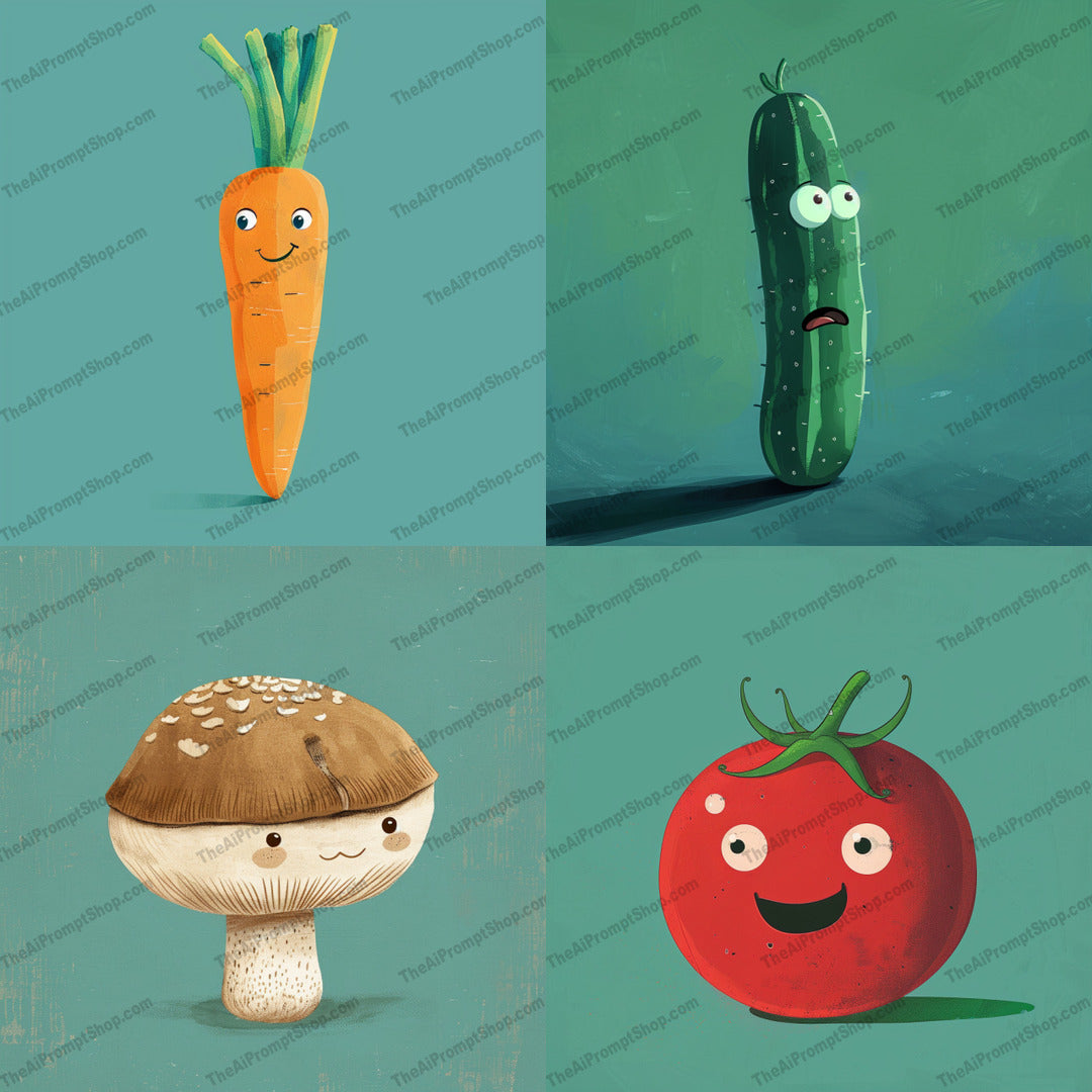 Cute Vegetable Characters AI MidJourney Image Prompt, 9396 Stickers, midjourney, cute, vegetable characters, carrot, cucumber, mushroom, tomato, whimsical, illustration, adorable, expressive faces, children's books, playful, kitchen decor, cartoon, character art, funny, happy vegetables, artwork, drawing, colorful, creative, Midjourney, Ai, Ai Image Prompt, Image Prompt, Prompt