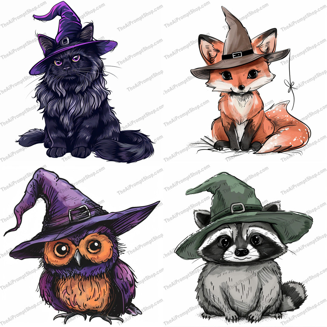 Cute Animals in Witch Hats AI MidJourney Image Prompt, 8994 Animals, midjourney, cute animals, witch hats, whimsical, illustrations, fox, black cat, raccoon, magical creatures, adorable, playful, charming, vibrant colors, fantasy, cartoon, stylized, animal art, character design, enchanted, fantastical, artwork, creative, Midjourney, Ai, Ai Image Prompt, Image Prompt, Prompt