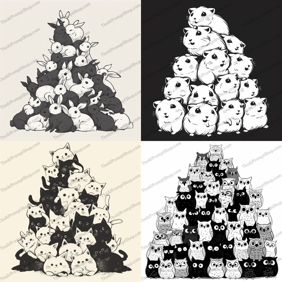 Cute Animal Pyramids AI MidJourney Image Prompt, 8929 Animals, midjourney, animals, pyramids, rabbits, guinea pigs, cats, owls, illustration, whimsical, cute, adorable, monochromatic, black and white, stacked animals, playful, charming, character art, artwork, cute animals, animal illustration, pyramid composition, Midjourney, Ai, Ai Image Prompt, Image Prompt, Prompt